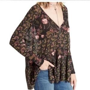 Free People Women’s Isabelle Floral V-Neck Tunic Multi Long Sleeve Cozy Sheer